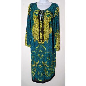 Spense Woman 20W Midi Dress Boho Hippie Peasant Tassels Black Green Yellow